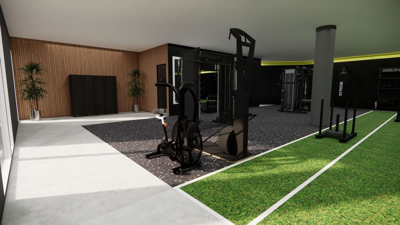 Lounge-hoek met doorkijk naar de trainingszaal